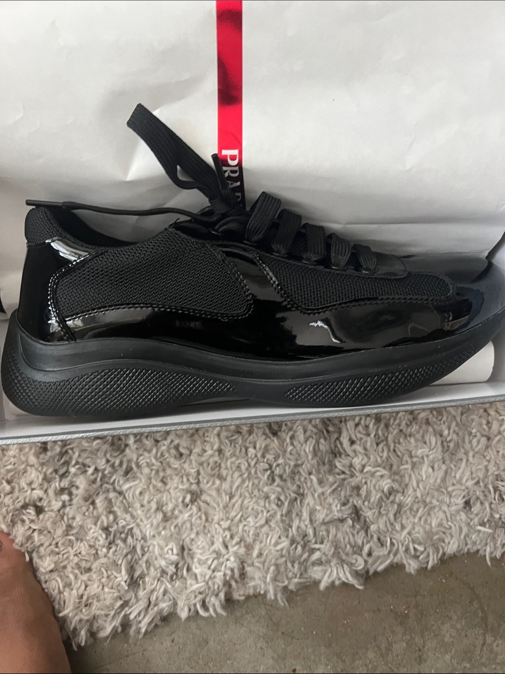 Prada Black Men’s Low-Top Patent & Mesh Sneaker